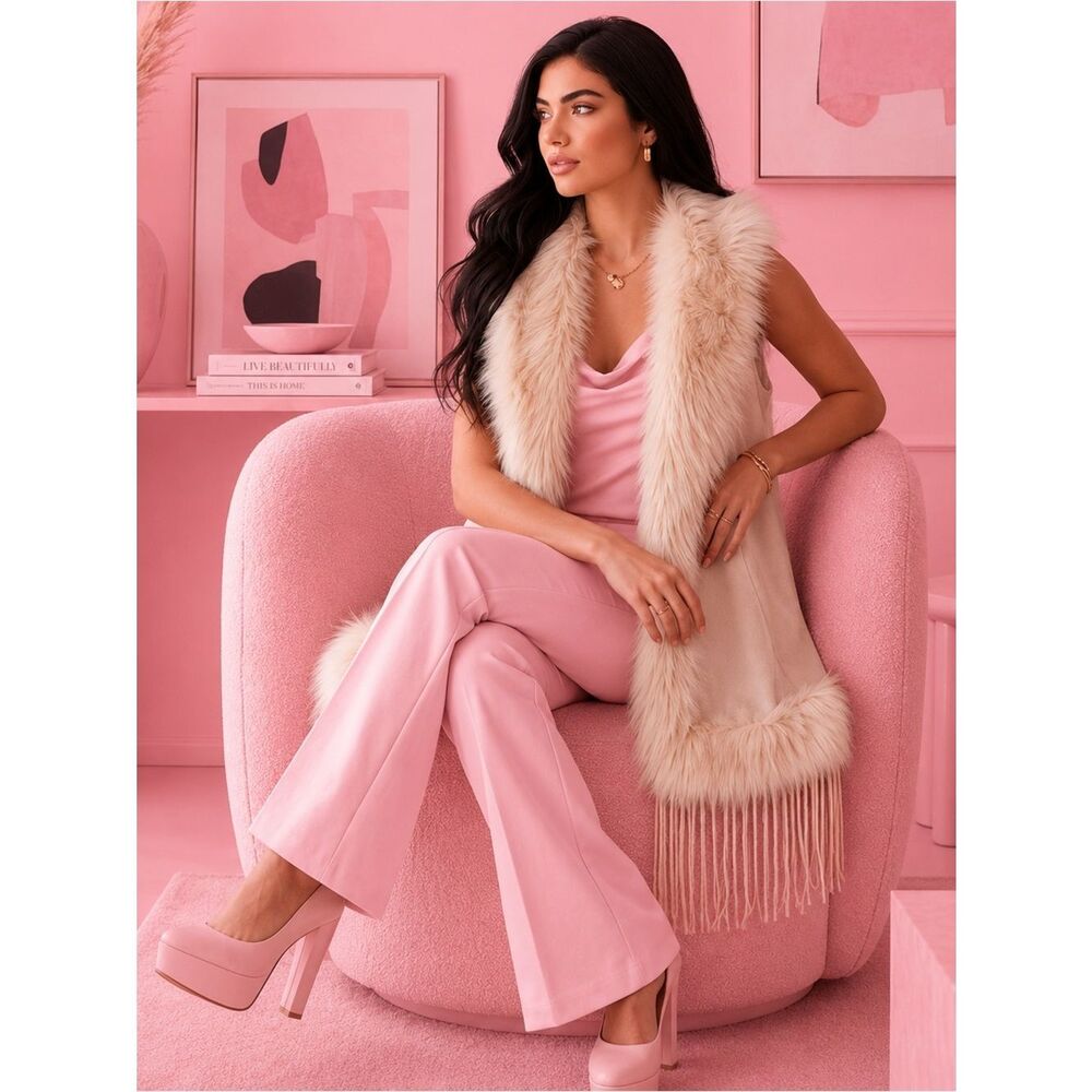 NORTHERN ANGEL Boho Beige Hooded Knit Faux Fur Trim Fringe Cape Vest SMALL LARGE